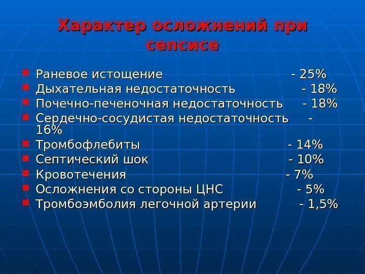 Характер осложнений при сепсисе Раневое истощение       - 25