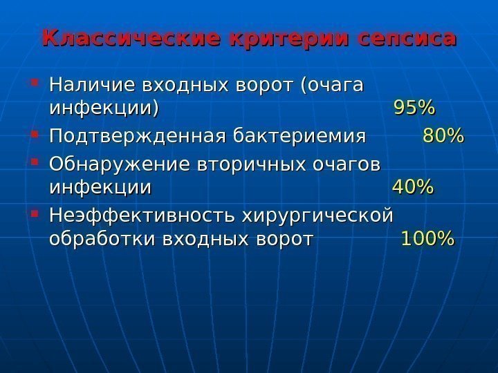 Классические критерии сепсиса Наличие входных ворот (очага инфекции)      