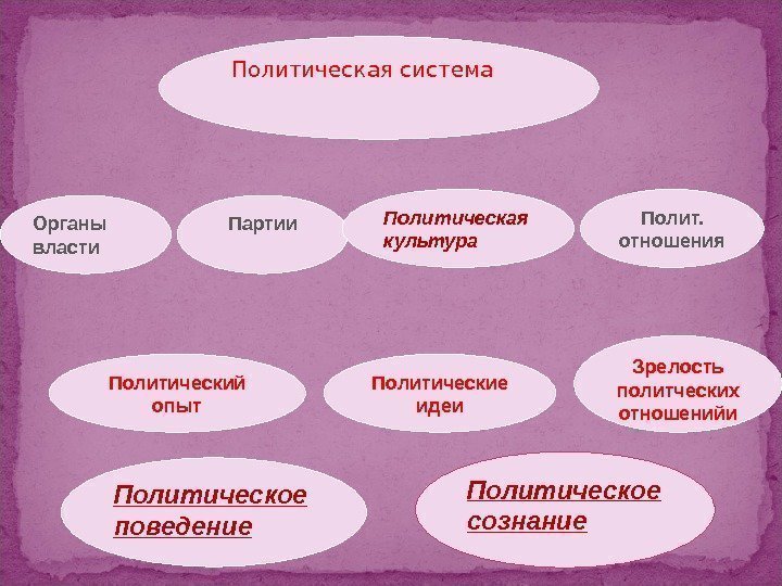 Политическая система Политическое сознание. Политический опыт Политическое поведение Зрелость политческих отношенийи. Органы власти Партии