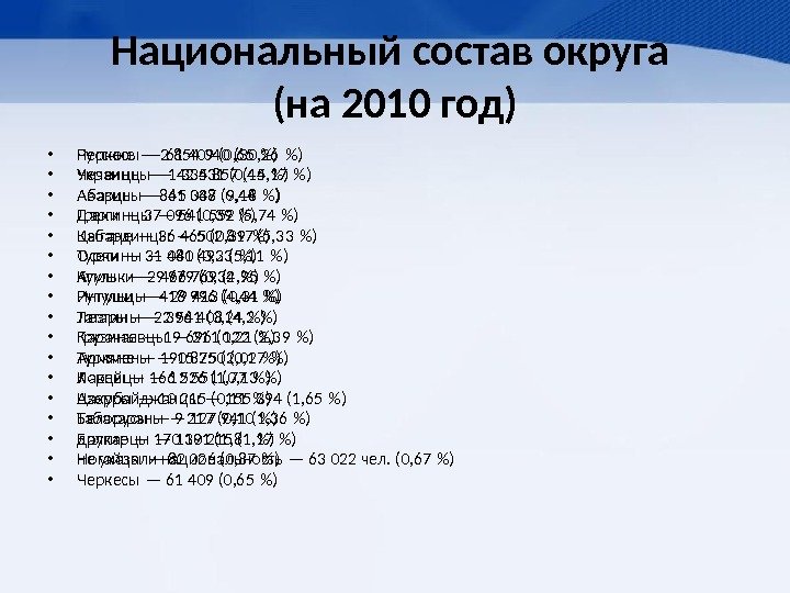 Национальный состав округа (на 2010 год) • Русские — 2 854 040 (30, 26