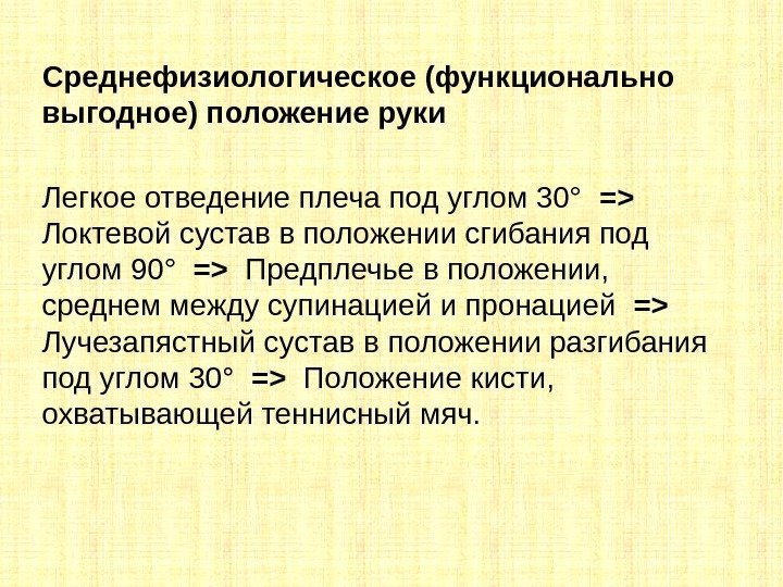 Среднефизиологическое (функционально выгодное) положение руки Легкое отведение плеча под углом 30°  = 