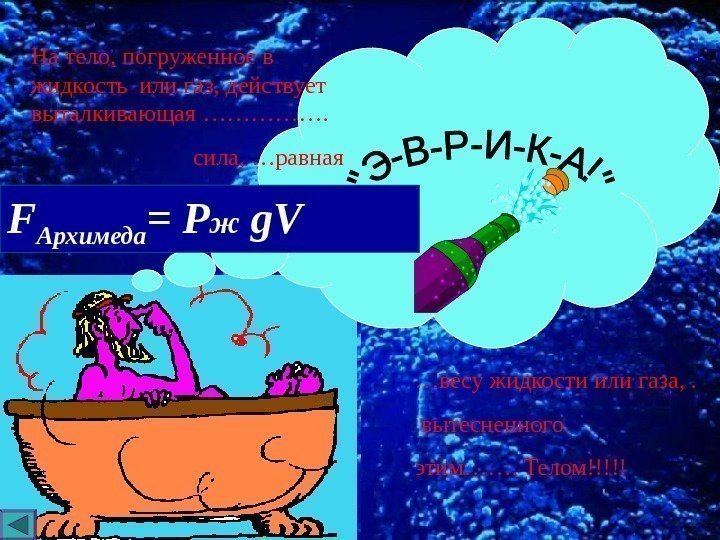   На тело, погруженное в жидкость или газ, действует выталкивающая …………….  