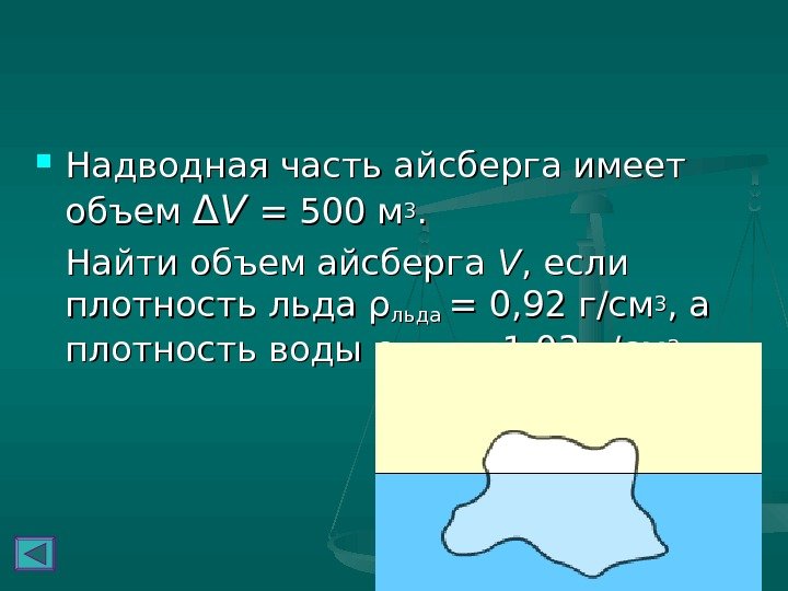   Надводная часть айсберга имеет объем ΔΔ VV  = 500 м 33.