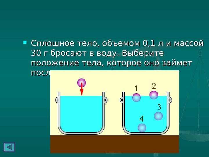   Сплошное тело, объемом 0, 1 л и массой 30 г бросают в