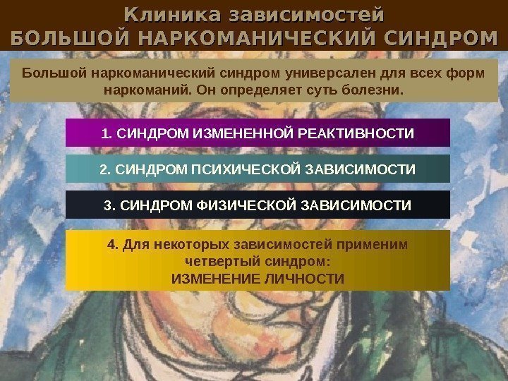 Клиника зависимостей БОЛЬШОЙ НАРКОМАНИЧЕСКИЙ СИНДРОМ Большой наркоманический синдром универсален для всех форм наркоманий. Он