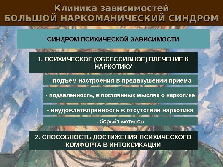 Клиника зависимостей БОЛЬШОЙ НАРКОМАНИЧЕСКИЙ СИНДРОМ ПСИХИЧЕСКОЙ ЗАВИСИМОСТИ 1. ПСИХИЧЕСКОЕ (ОБСЕССИВНОЕ) ВЛЕЧЕНИЕ К НАРКОТИКУ 2.