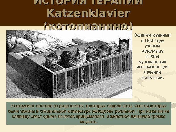 ИСТОРИЯ ТЕРАПИИ KK atzenklavier (котопианино) Инструмент состоял из ряда клеток, в которых сидели коты,