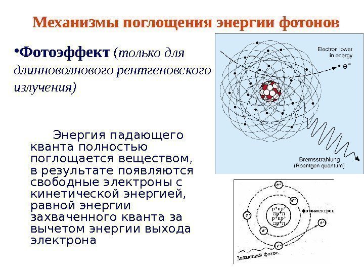   Механизмы поглощения энергии фотонов • Фотоэффект  ( только для длинноволнового 