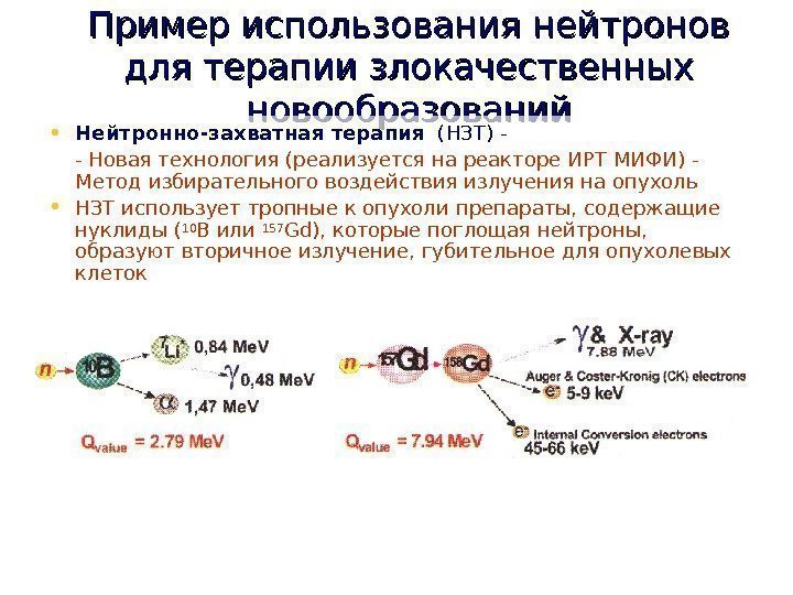   Пример использования нейтронов для терапии злокачественных новообразований • Нейтронно-захватная терапия  (НЗТ)