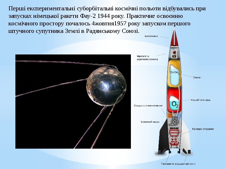 Першіекспериментальнісуборбітальнікосмічніпольотивідбувалисьпри запускахнімецькоїракети. Фау-21944 року. Практичнеосвоєнню космічногопросторупочалось4 жовтня 1957 рокузапускомпершого штучногосупутника. Землів. Радянському. Союзі. 