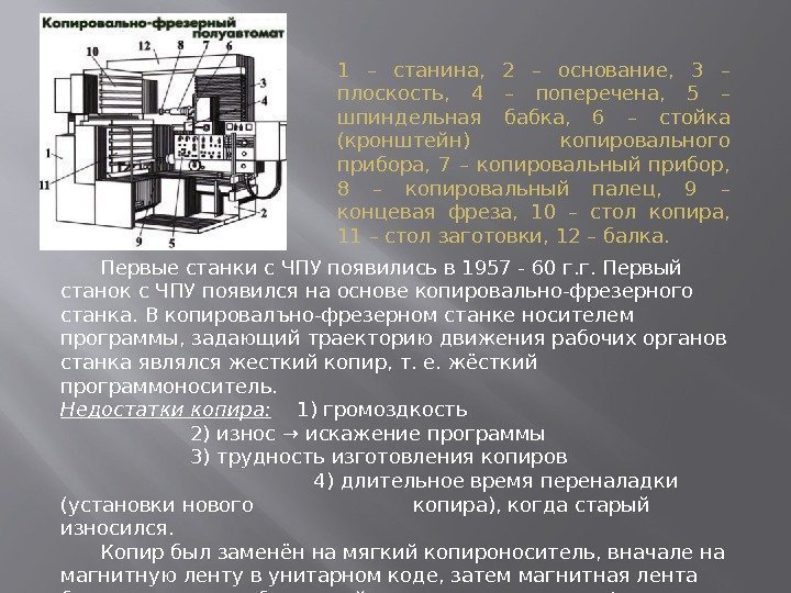 Первые станки с ЧПУ появились в 1957 - 60 г. г. Первый станок с