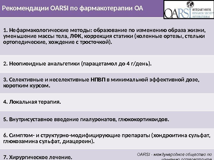 Рекомендации OARSI по фармакотерапии ОА 1. Нефармакологические методы: образование по изменению образа жизни, 