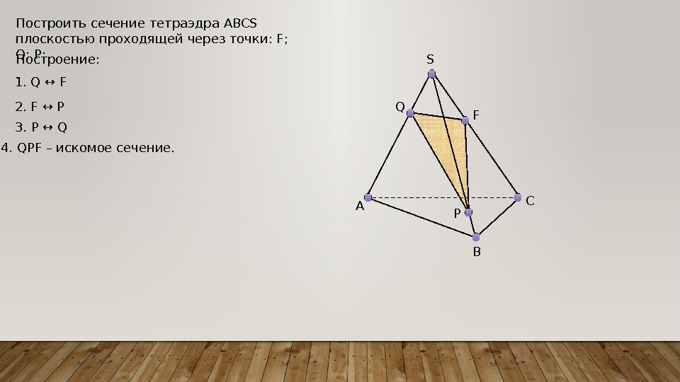А BFQ PS CПостроить сечение тетраэдра ABCS плоскостью проходящей через точки: F;  Q;
