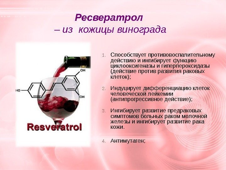 Ресвератрол – из кожицы винограда 1. Способствует противовоспалительному действию и ингибирует функцию циклооксигеназы и