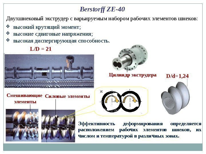 Berstorff ZE-40  Двухшнековый экструдер с варьируемым набором рабочих элементов шнеков: Эффективность деформирования определяется