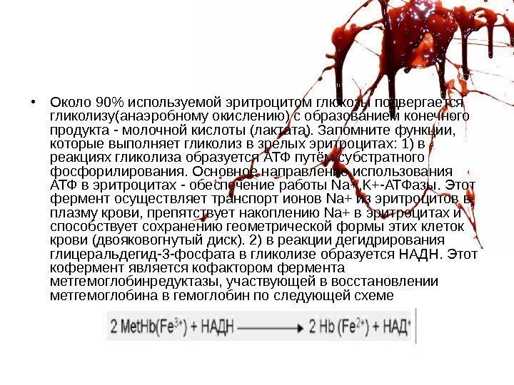   • Около 90 ис пользуемой эритроцитом глюкозы подвергается гликолизу(анаэробному окислению) с образованием