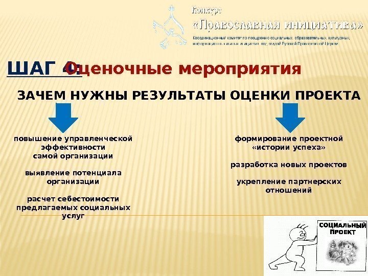 ШАГ 4: Оценочные мероприятия ЗАЧЕМ НУЖНЫ РЕЗУЛЬТАТЫ ОЦЕНКИ ПРОЕКТА повышение управленческой эффективности самой организации