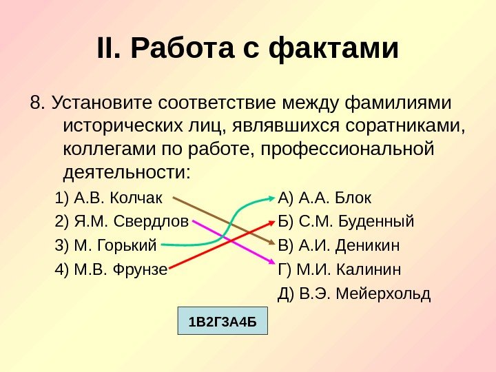 II. Работа с фактами 8. Установите соответствие между фамилиями исторических лиц, являвшихся соратниками, 