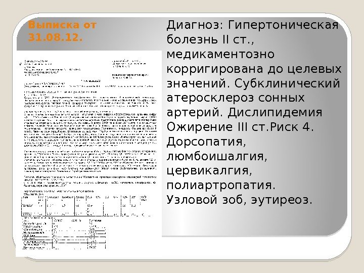 Выписка от 31. 08. 12. Диагноз: Гипертоническая болезнь II ст. ,  медикаментозно корригирована