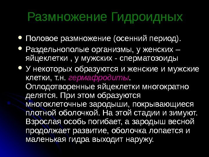  Половое размножение (осенний период).  Раздельнополые организмы, у женских – яйцеклетки , у