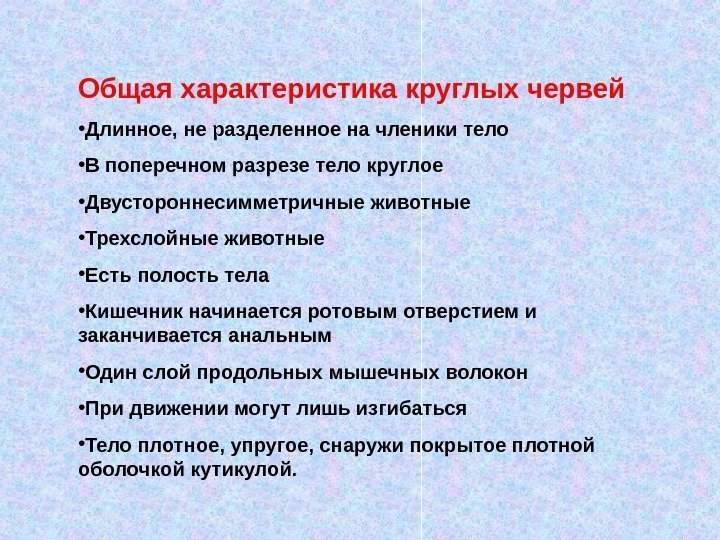 Общая характеристика круглых червей • Длинное, не разделенное на членики тело • В поперечном