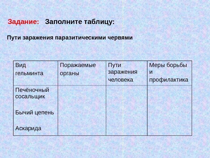 Задание: Заполните таблицу: Пути заражения паразитическими червями Вид гельминта Поражаемые органы Пути заражения человека