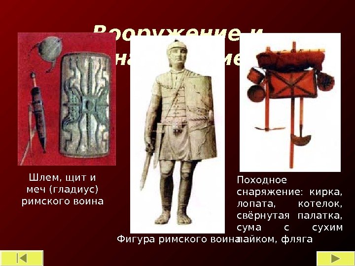 Вооружение и снаряжение Шлем, щит и меч (гладиус) римского воина Фигура римского воина Походное