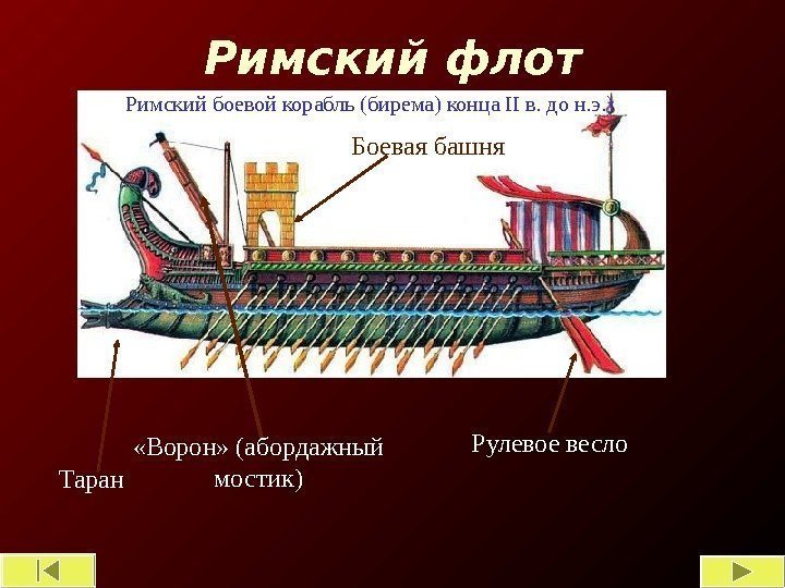 Римский флот Таран «Ворон» (абордажный мостик) Рулевое весло. Боевая башня. Римский боевой корабль (бирема)