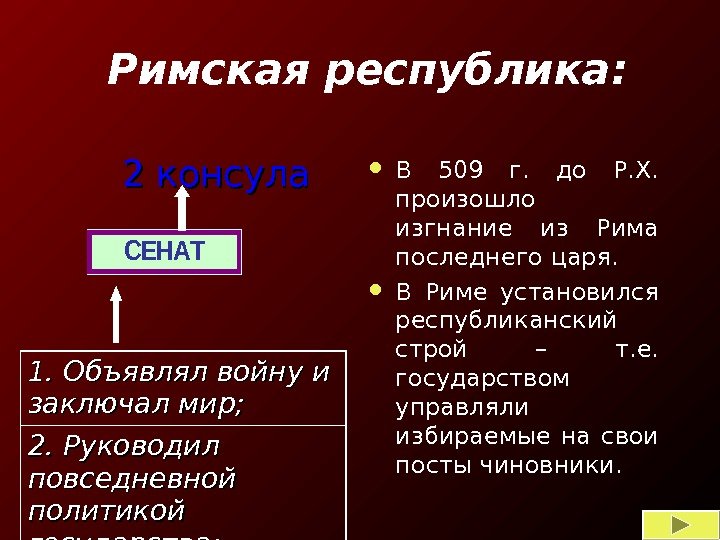  Римская республика:      2 консула В 509 г. 