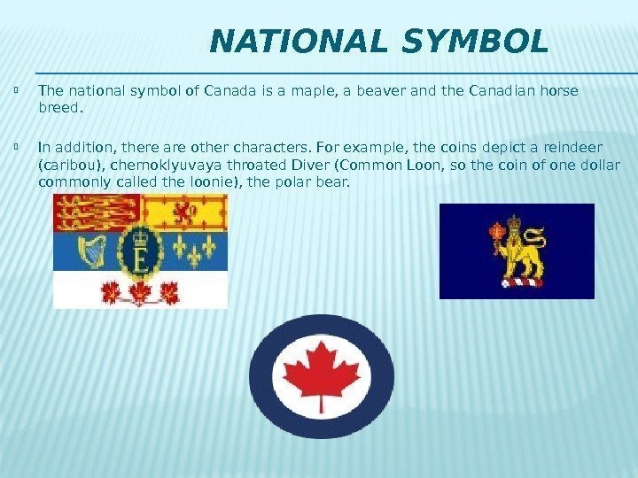     NATIONAL SYMBOL The national symbol of Canada is a maple,