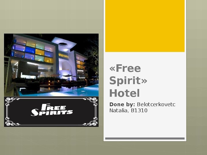  «Free Spirit»  Hotel Done by:  Belotcerkovetc Natalia, B 1310  