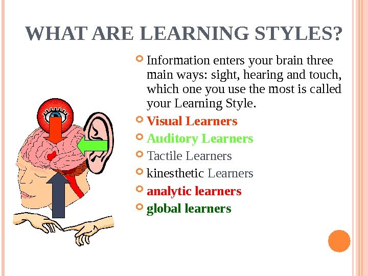 WHAT ARE LEARNING STYLES?  Information enters your brain three main ways: sight, hearing