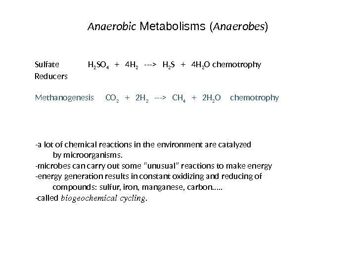 Anaerobic Metabolisms ( Anaerobes ) Sulfate H 2 SO 4  +  4