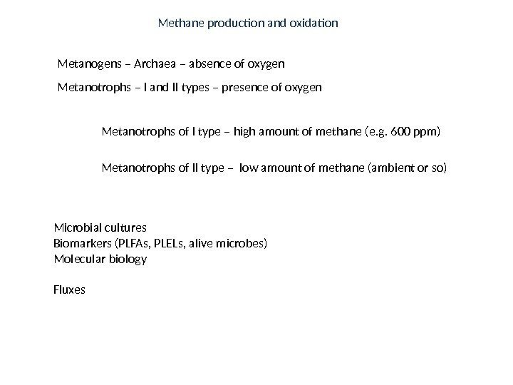 Metanogens – Archaea – absence of oxygen Metanotrophs – I and II types –