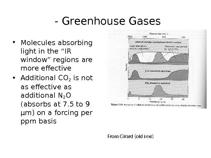  - Greenhouse Gases • Molecules absorbing light in the “IR window” regions are
