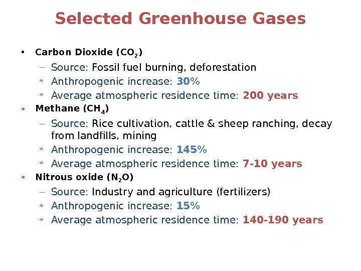 Selected Greenhouse Gases • Carbon Dioxide (CO 2 )  – Source:  Fossil