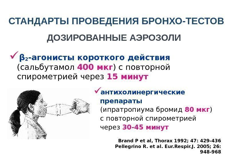 СТАНДАРТЫ ПРОВЕДЕНИЯ БРОНХО-ТЕСТОВ β 2 -агонисты короткого действия (сальбутамол 400 мкг ) с повторной