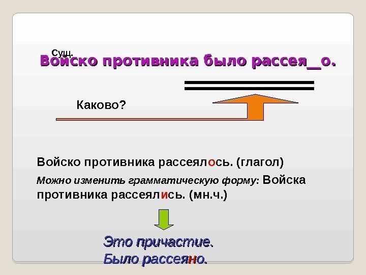     Войско противника было рассея__о. Каково? Сущ. Войско противника рассеял о