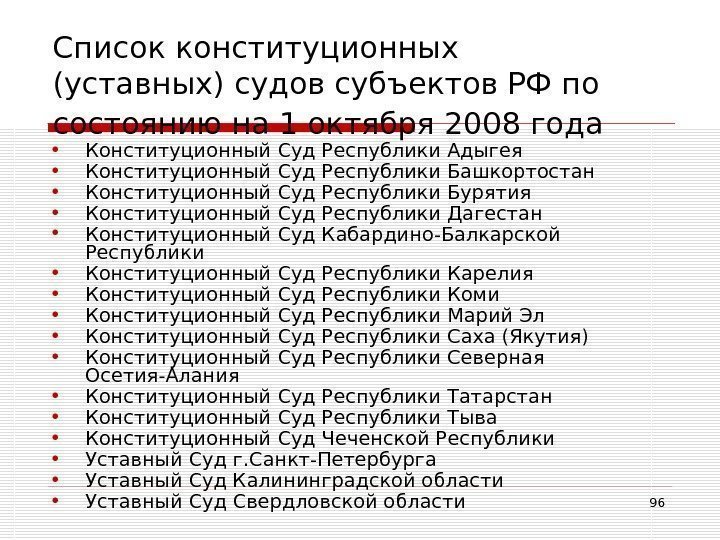 96 Список конституционных (уставных) судов субъектов РФ по состоянию на 1 октября 2008 года