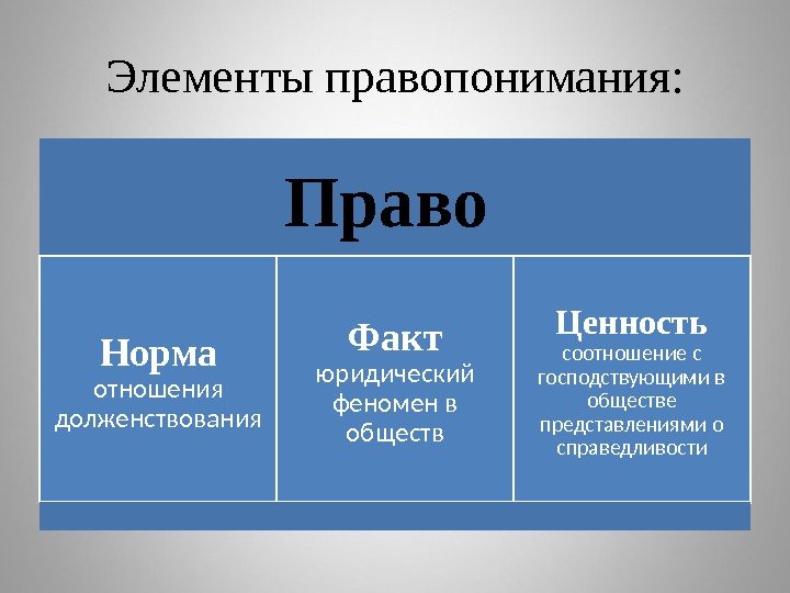 Элементы правопонимания: Право Норма отношения долженствования Факт юридический феномен в обществ Ценность  соотношение