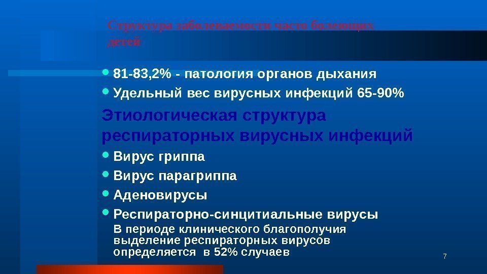 Структура заболеваемости часто болеющих детей 81 -83, 2 - патология органов дыхания Удельный вес