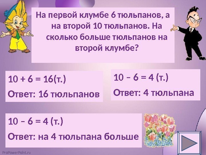 Pro. Power. Point. ru На первой клумбе 6 тюльпанов, а на второй 10 тюльпанов.