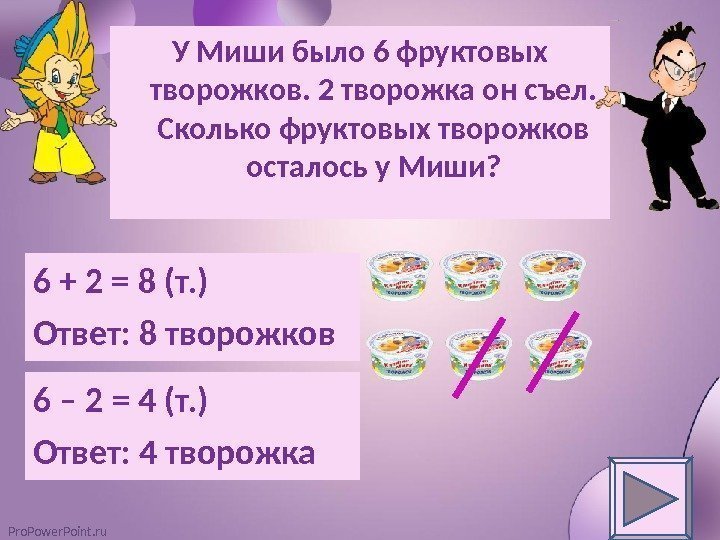 Pro. Power. Point. ru У Миши было 6 фруктовых творожков. 2 творожка он съел.