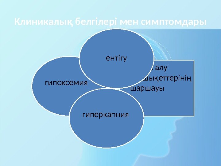 Клиникалық белгілері мен симптомдары • Тыныс алу бұлшықеттерінің шаршауыгипоксемия    ентігу гиперкапния