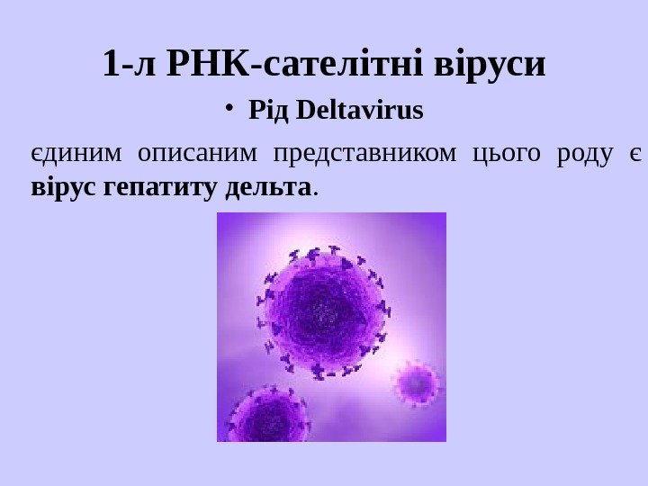   1 -л РНК-сателітні віруси • Рід Deltavirus єдиним описаним представником ц ь