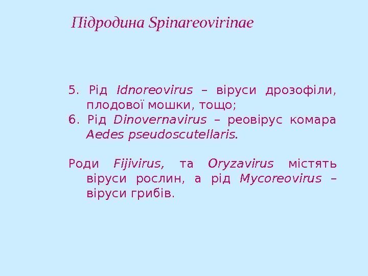 5.  Рід  Idnoreovirus  – віруси дрозофіли,  плодової мошки, тощо; 6.