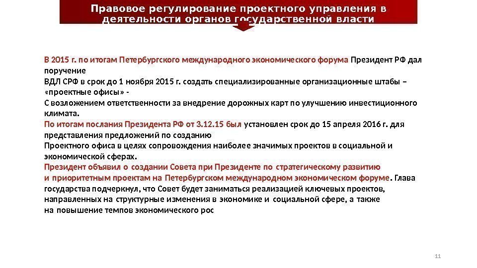 Правовое регулирование проектного управления в деятельности органов государственной власти 11 В 2015 г. по