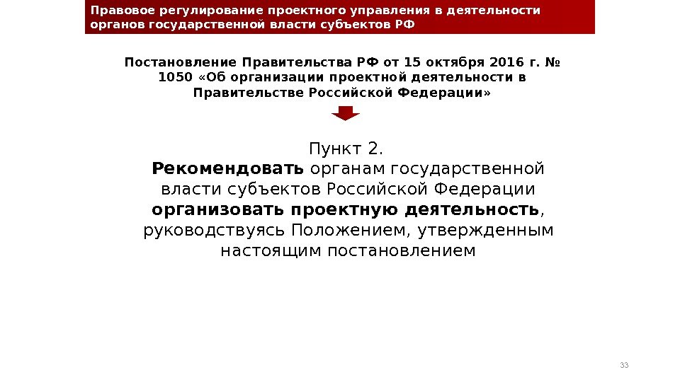 Правовое регулирование проектного управления в деятельности органов государственной власти субъектов РФ Постановление Правительства РФ