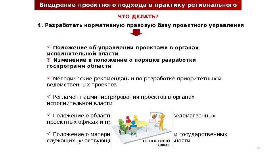 Внедрение проектного подхода в практику регионального управления 4. Разработать нормативную правовую базу проектного управления