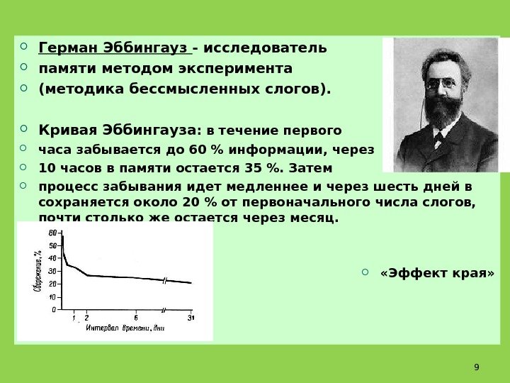  Герман Эббингауз - исследователь  памяти методом эксперимента  (методика бессмысленных слогов). 